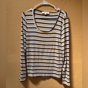 Loft Striped Long Sleeve Scoop Neck Top Mustard Black Grey White Ribbed Large